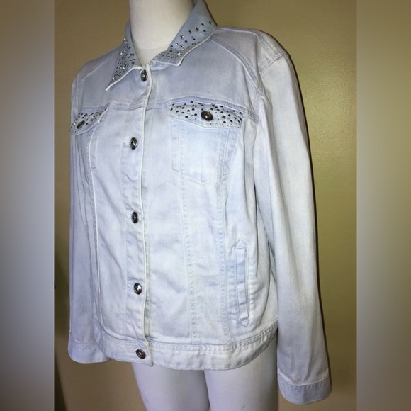 Chico's Platinum Light Baby Blue Stud Rhinestone Denim Jacket - Picture 5 of 11